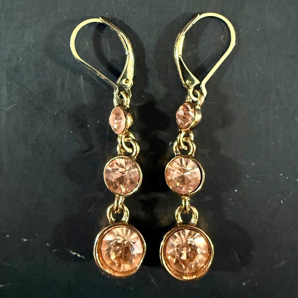 Napier Round Pink Crystal 1.25in Drop Earrings Gold Tone